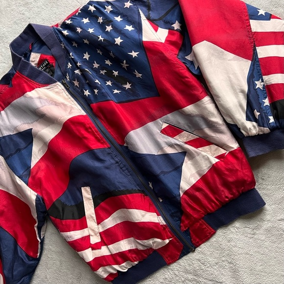 Vintage Jackets & Blazers - Vintage 90s Montage Pour Homme Silk American Flag Zip Bomber Jacket Windbreaker